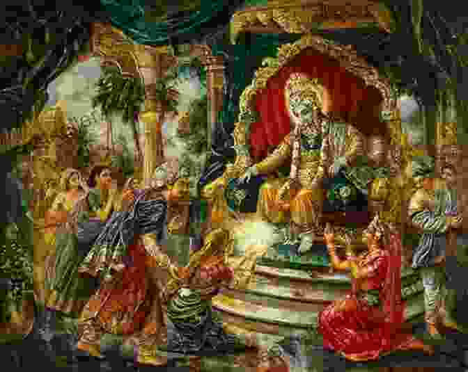 A Majestic Portrayal Of Krishna Seated On The Throne Of Mathura, Surrounded By His Family And Devotees. BHAGAVATHA DARSHANAM: CANTO 10 (THE FIRST HALF) SRIKRISHNA KATHA FROM GOKUL TO MATHURA (SRIMAD BHAGAVATHAM 8)